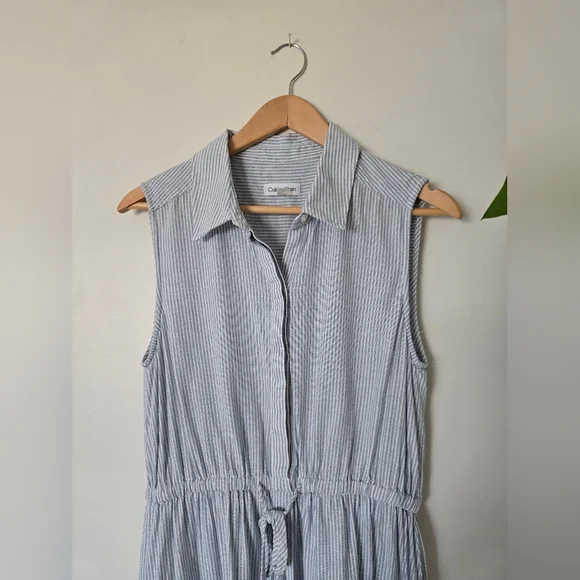Calvin Klein Size 10 Womens Linen Blend Blue White Striped Sleeveless Dress - Picture 2 of 8